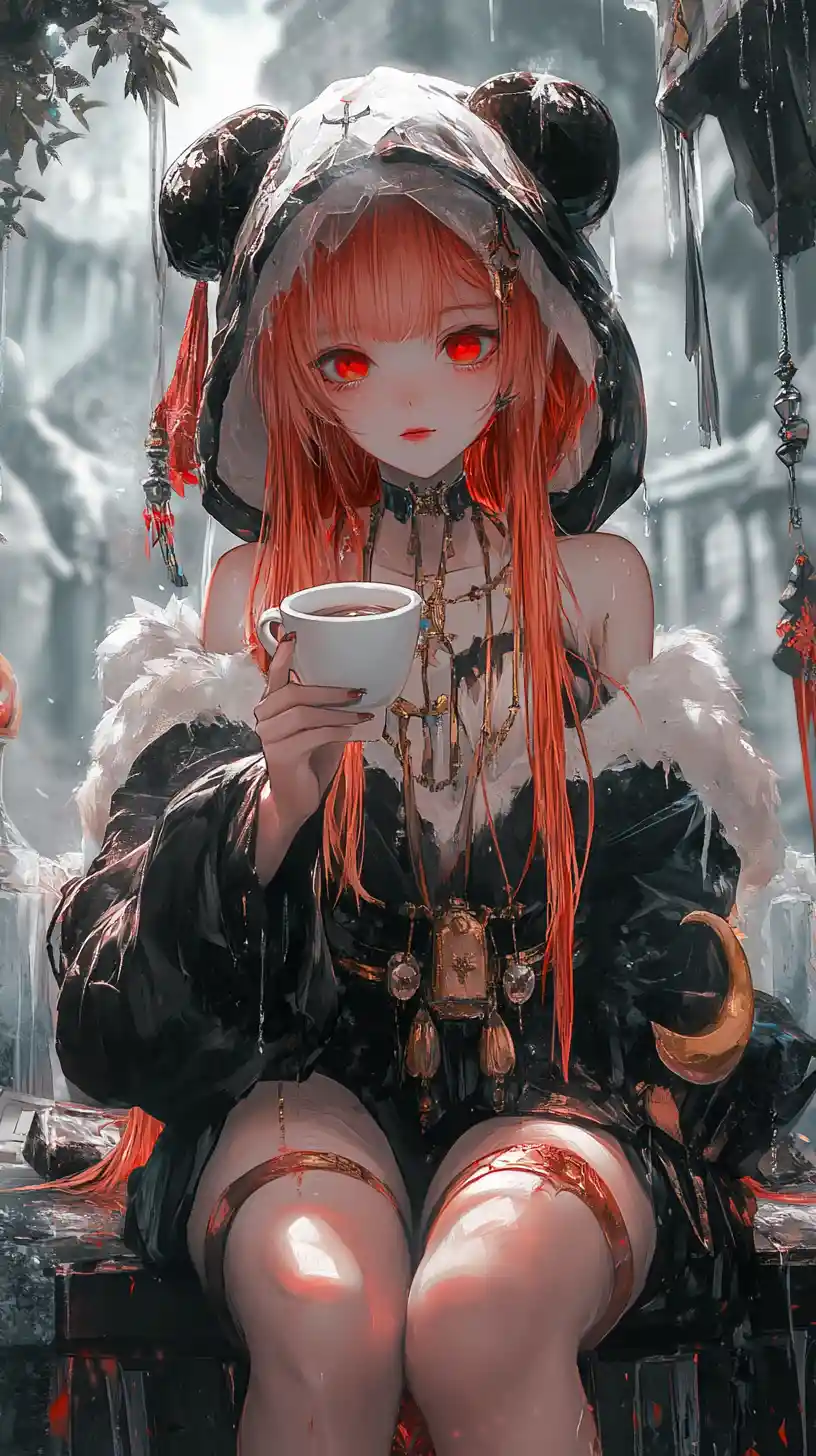 Golden haired anime girl with sword on ruined cliff