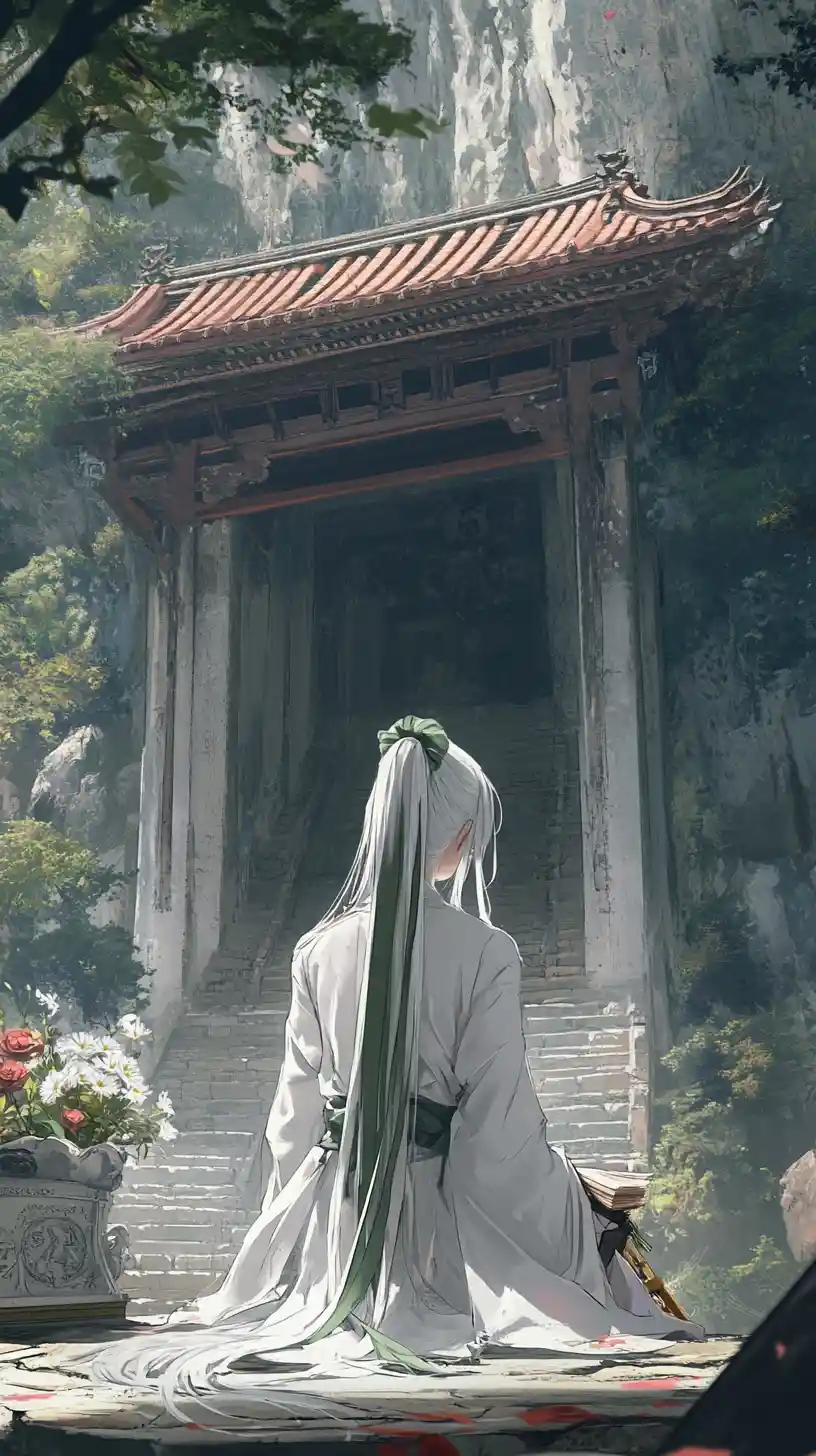 Weißhaariges Anime-Mädchen im zeremoniellen Gewand am Klifftempel