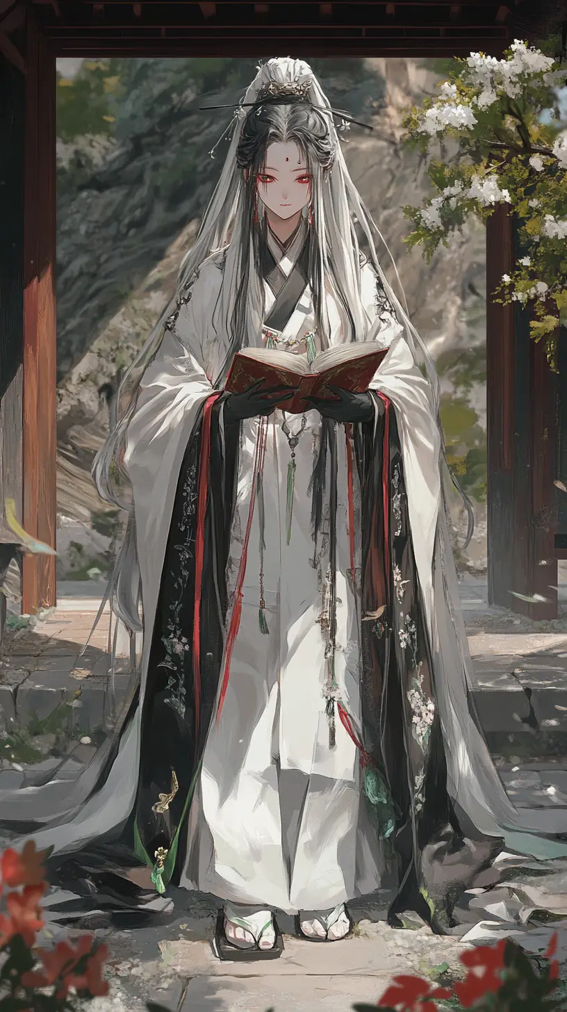 Chica de anime con túnica blanca en el patio de un templo antiguo