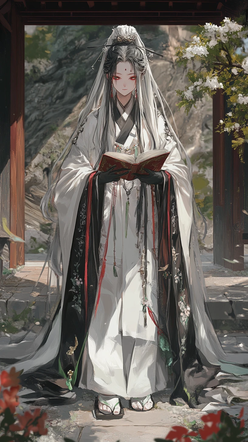 Anime girl in white robe standing in ancient temple courtyard