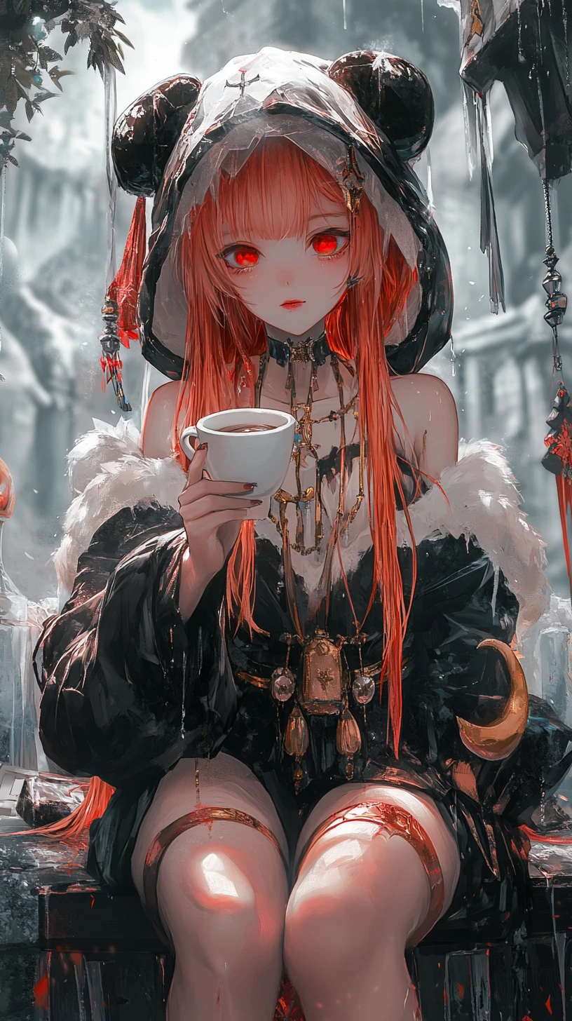 Golden haired anime girl with sword on ruined cliff