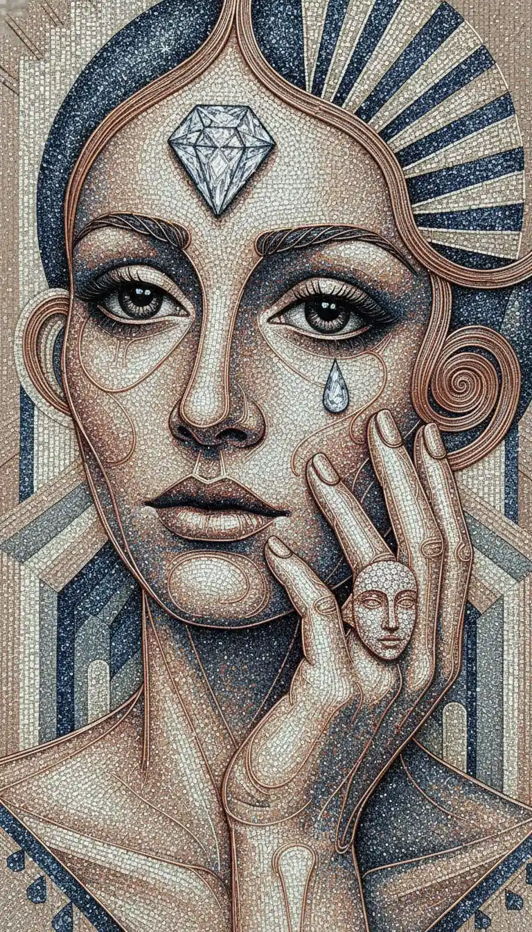 Surreal close up of a woman with jeweled ring and third eye