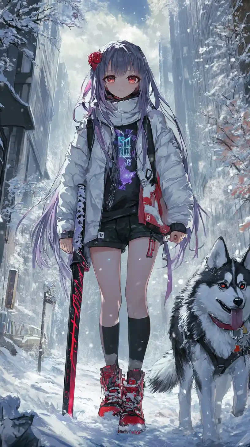 Anime girl with enchanted sword on a cliff