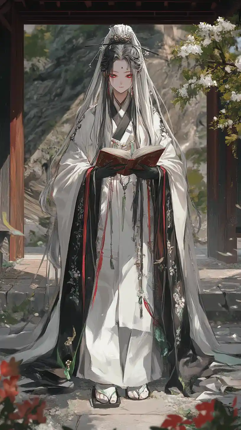 Anime girl in white robe standing in ancient temple courtyard