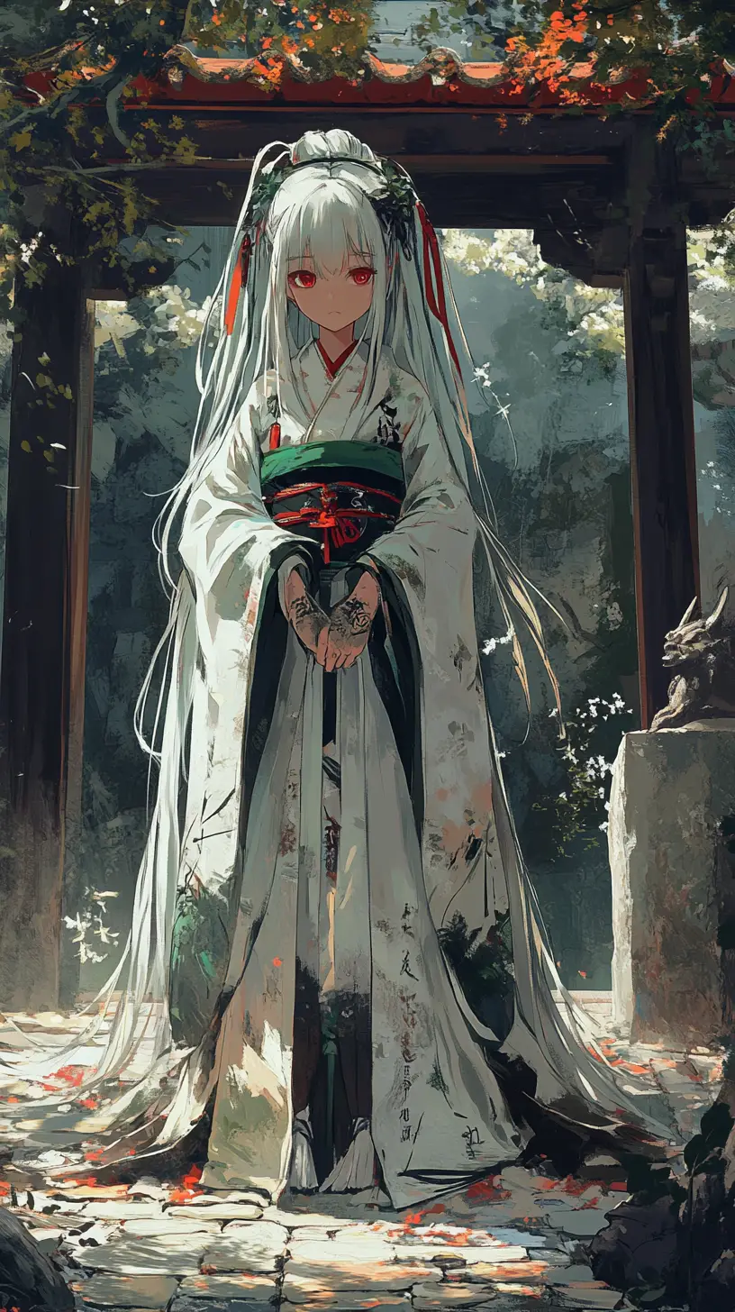 Chica de anime de cabello blanco en el patio de un templo en un acantilado