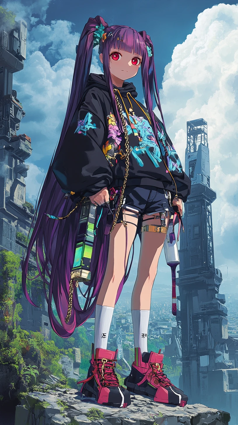 滅びた崖の街に立つ剣を持ったアニメ少女