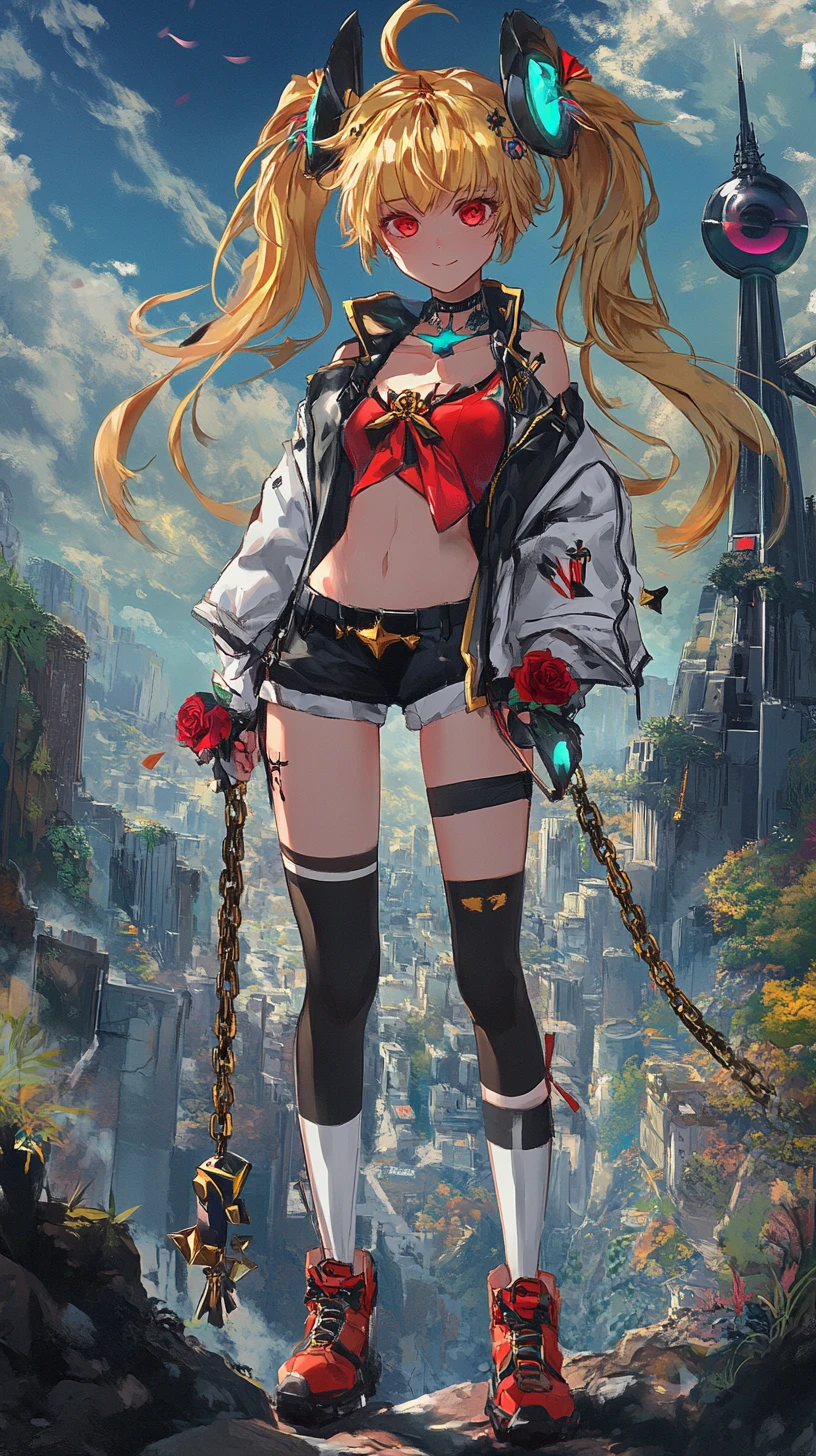 Golden haired anime girl with sword on overgrown cliff