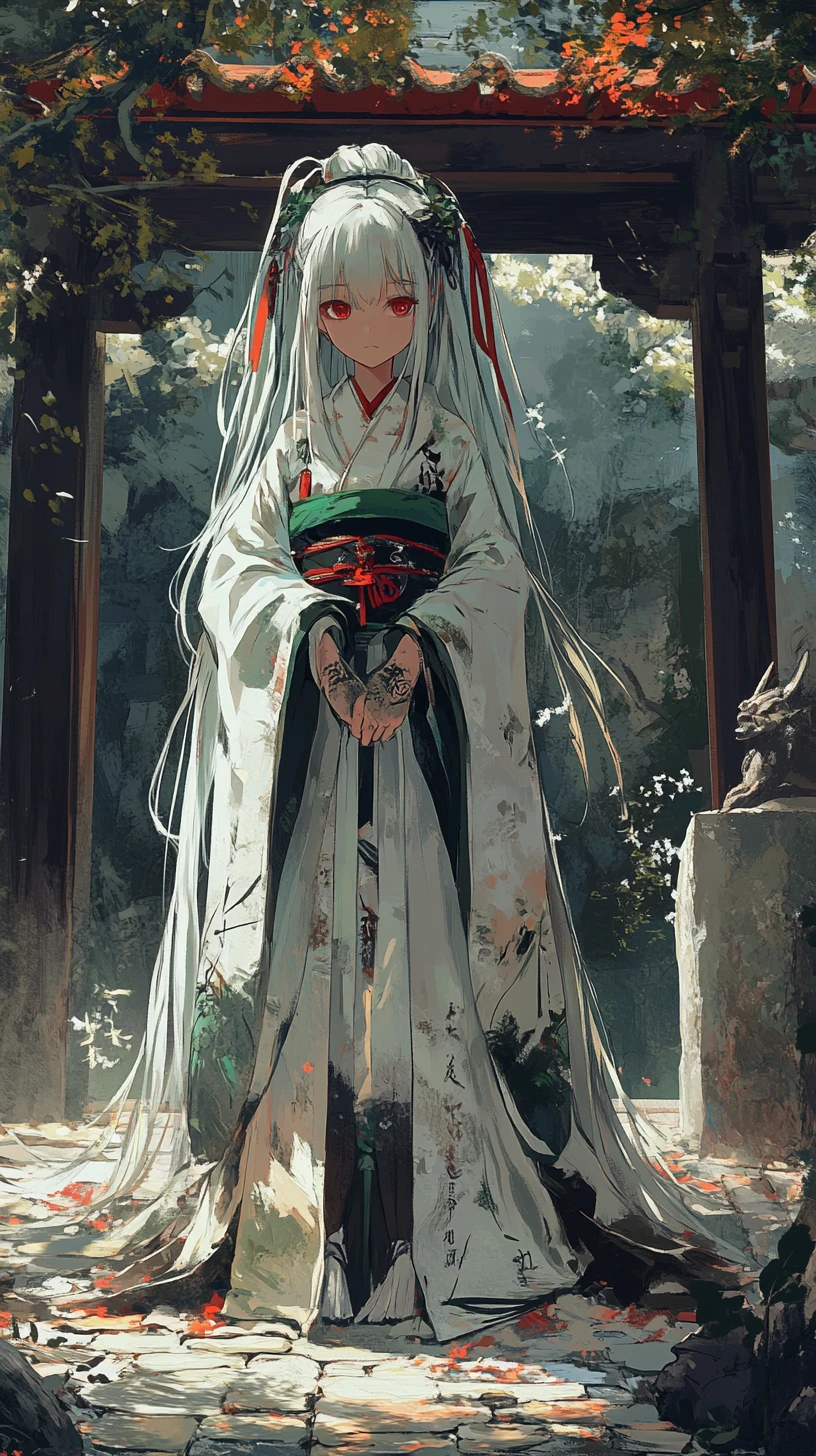 White haired anime girl in a cliffside temple courtyard