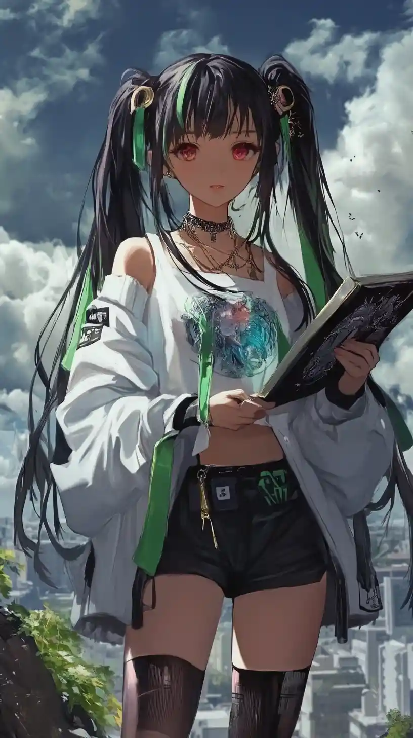Anime girl reading a book in patterned green outfit