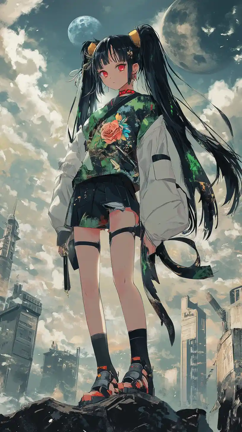 Anime girl in patterned outfit reading a book