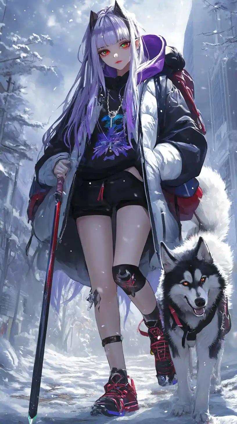 Anime girl warrior on a cliff with enchanted sword