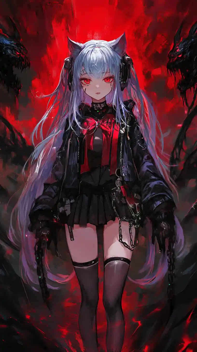 Anime girl with enchanted sword on a ruined cliff