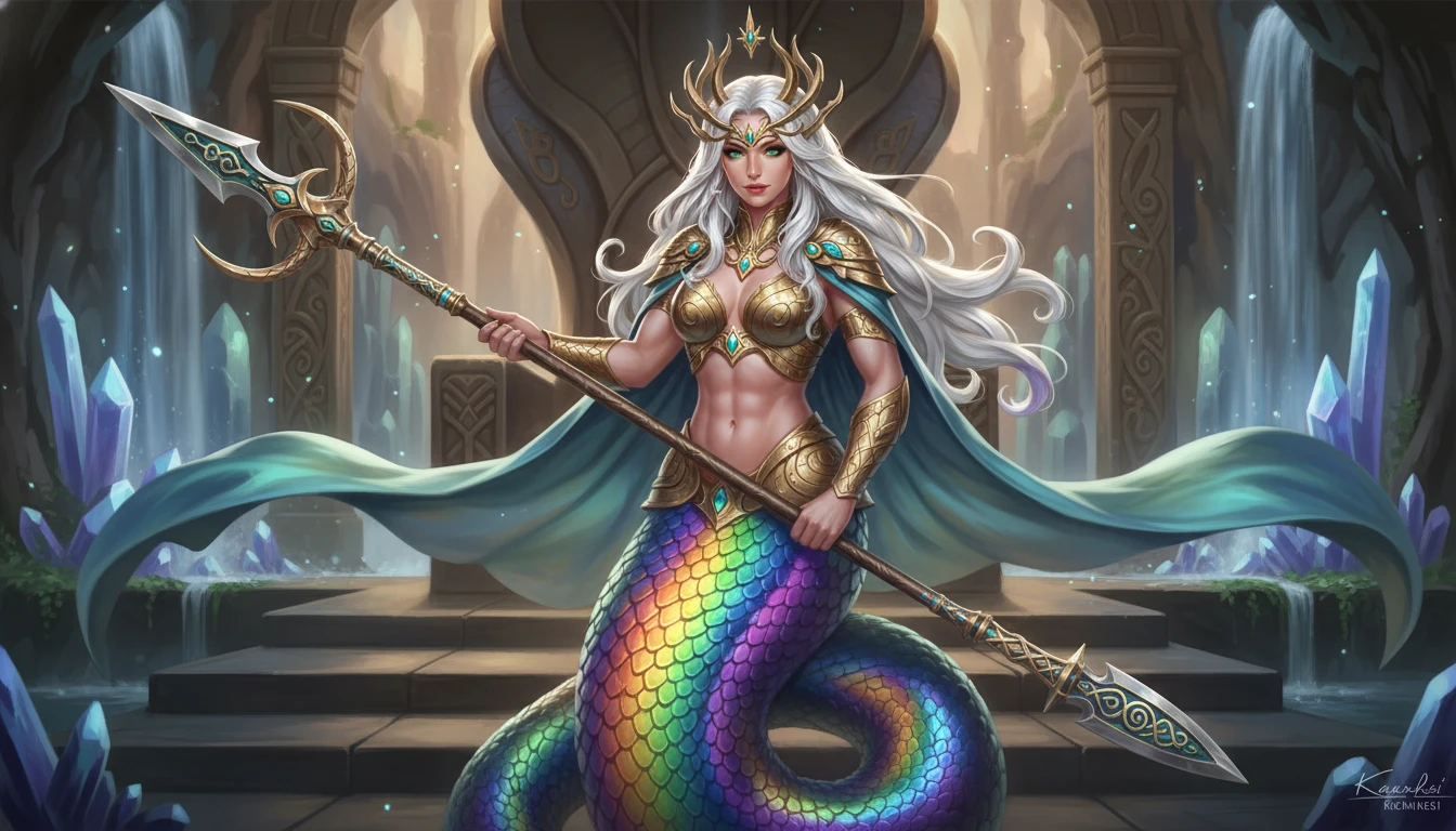 Regal rainbow scaled naga queen with royal spear