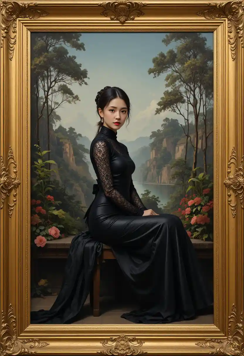Elegant woman in black dress before ornate landscape painting