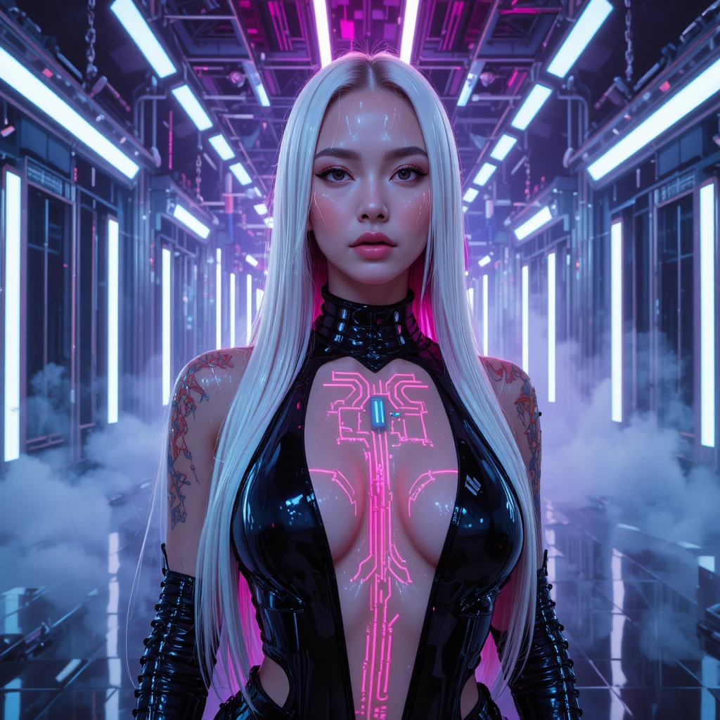 Cyberpunk heroine in neon lit futuristic fashion studio