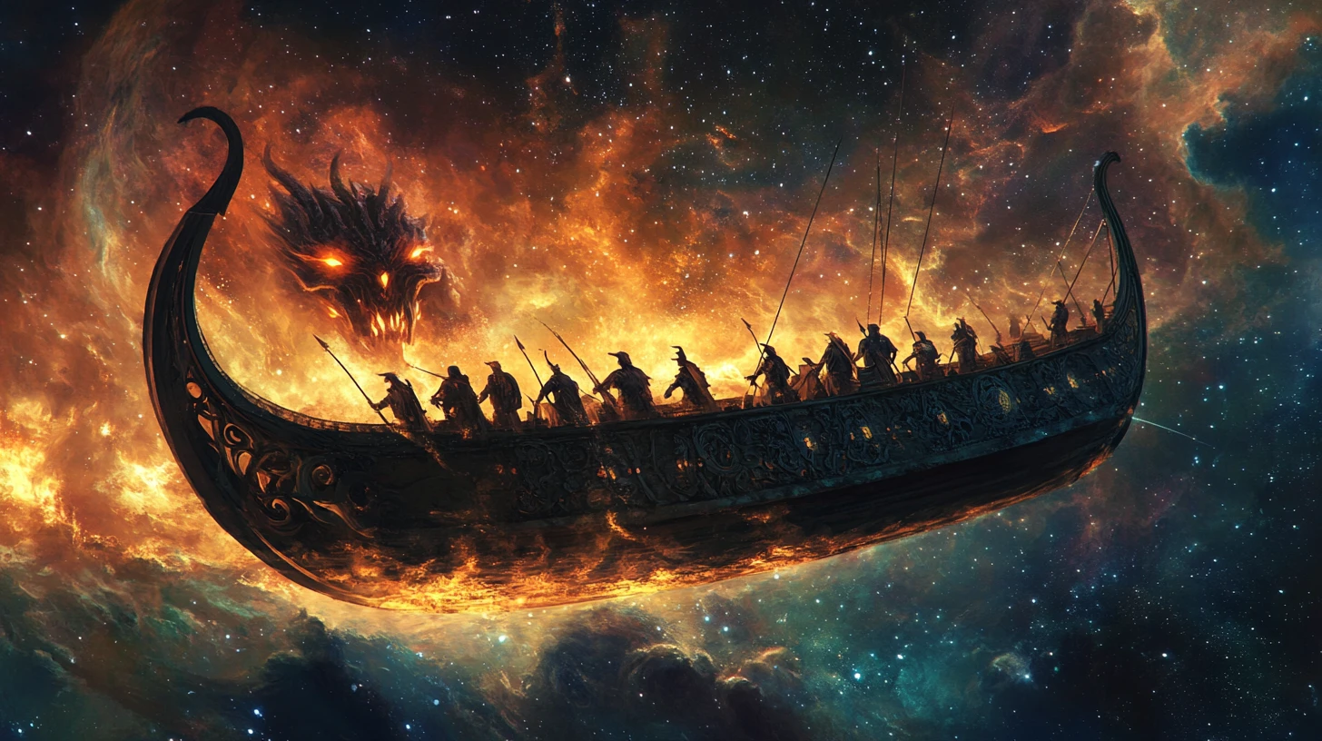 Viking longship sailing through a glowing cosmic nebula