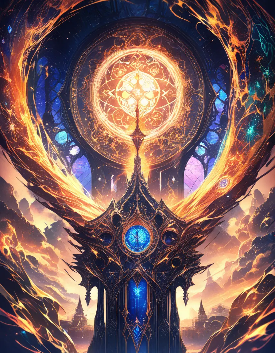 Celestial dragon guarding a floating gothic cathedral above waterfalls