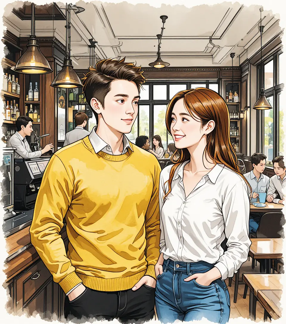 현대적인 실내 카페 바에서 대화하는 남녀