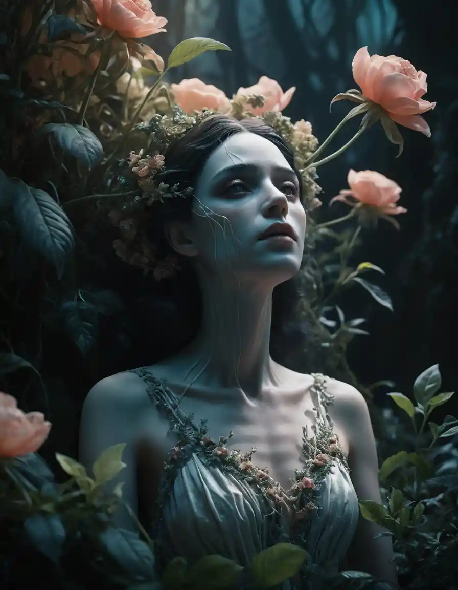 Celestial woman entwined with surreal blooming flora