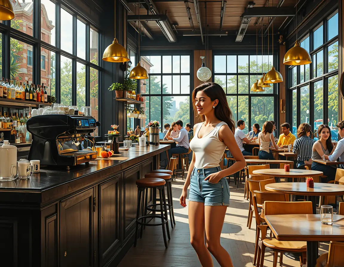 Young friends talking at a bright modern coffee bar