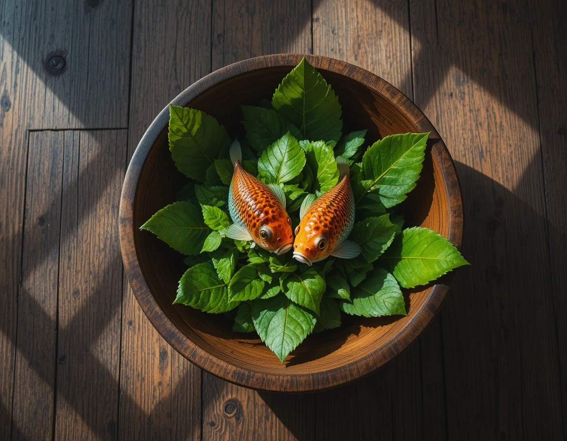 Wooden bowl with green leaves and fish eyes in shadow