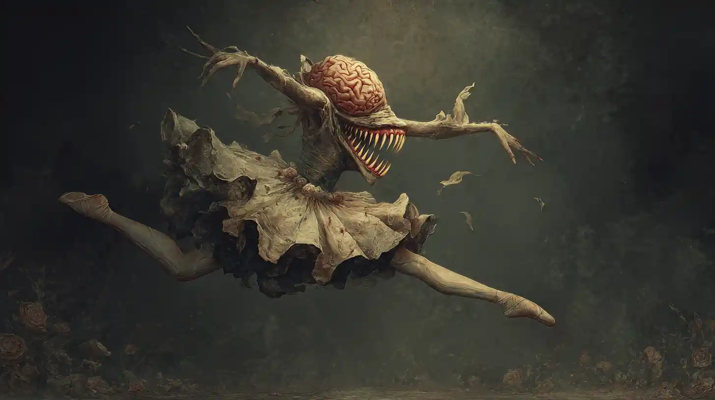 Surreal fae dancer with monstrous belly mouth and brain