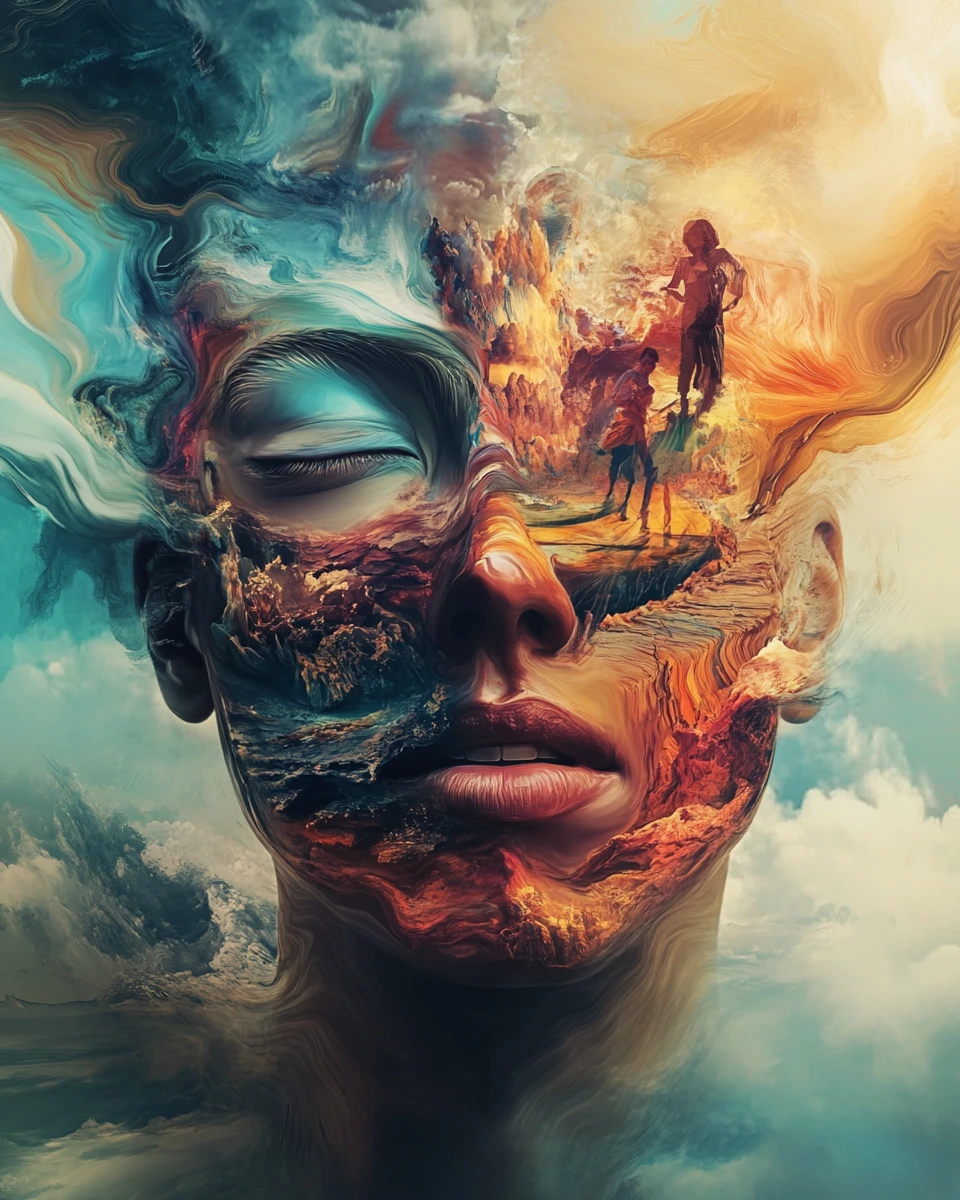 Surreal human face filled with landscapes and abstract shapes