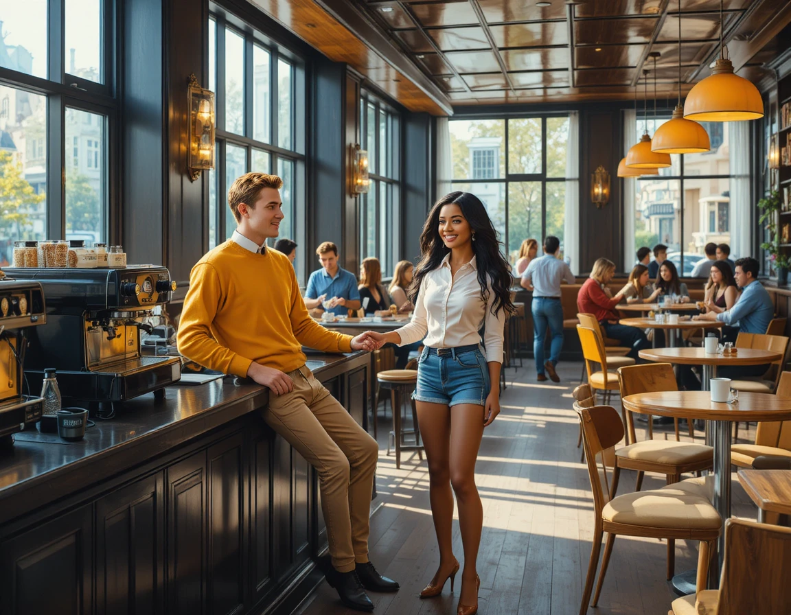 Young friends chatting at a bright modern coffee bar