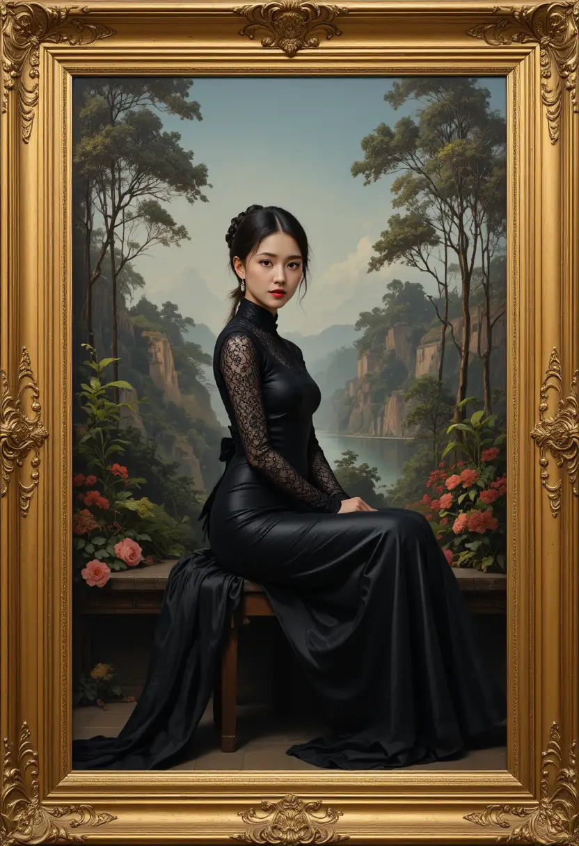 Elegant woman in black dress before ornate landscape painting