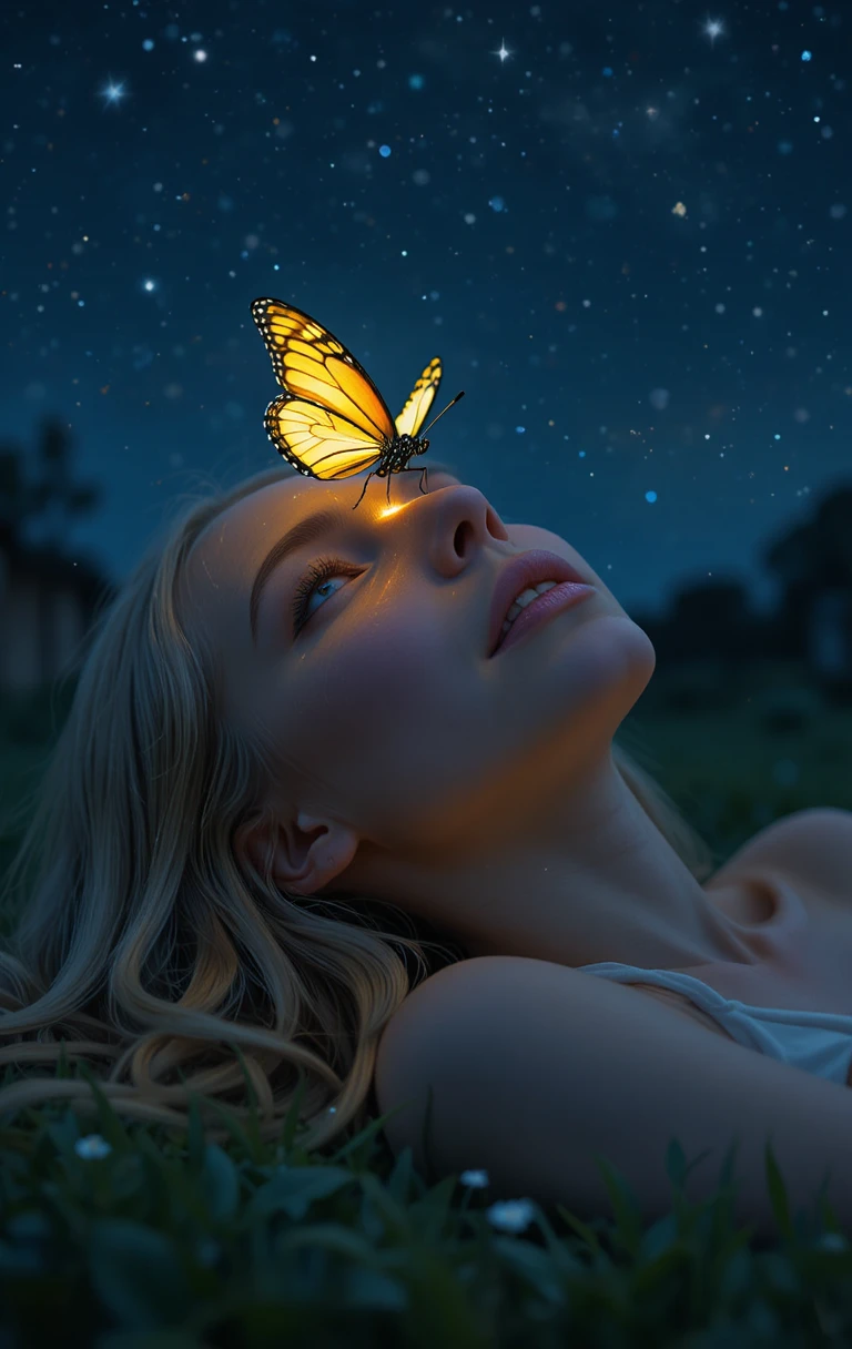 Glowing butterfly on a blonde girl under starry night sky