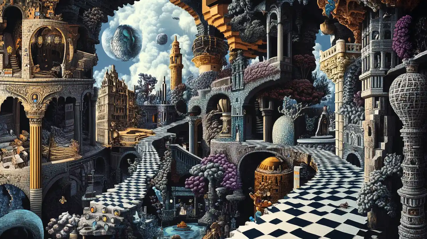 Paysage onirique surréaliste de mondes superposés en illusion d’optique