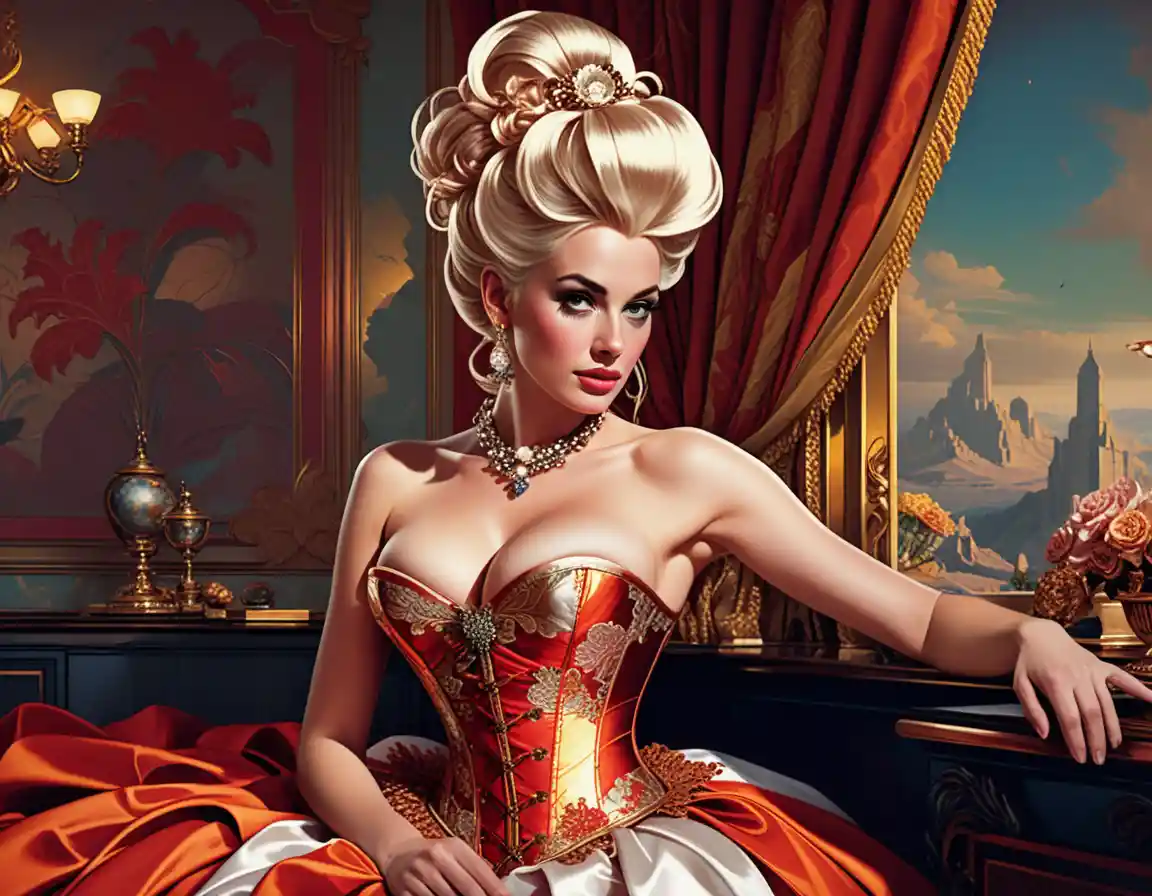 Fantasy courtesan in rococo corset in luxurious boudoir
