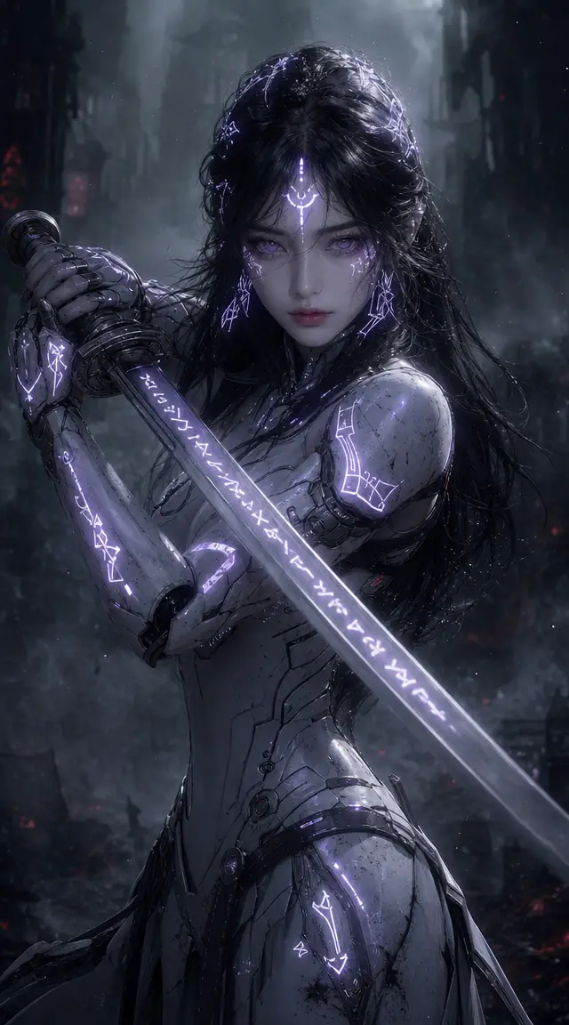 Melancholic cybernetic warrior woman with glowing runes