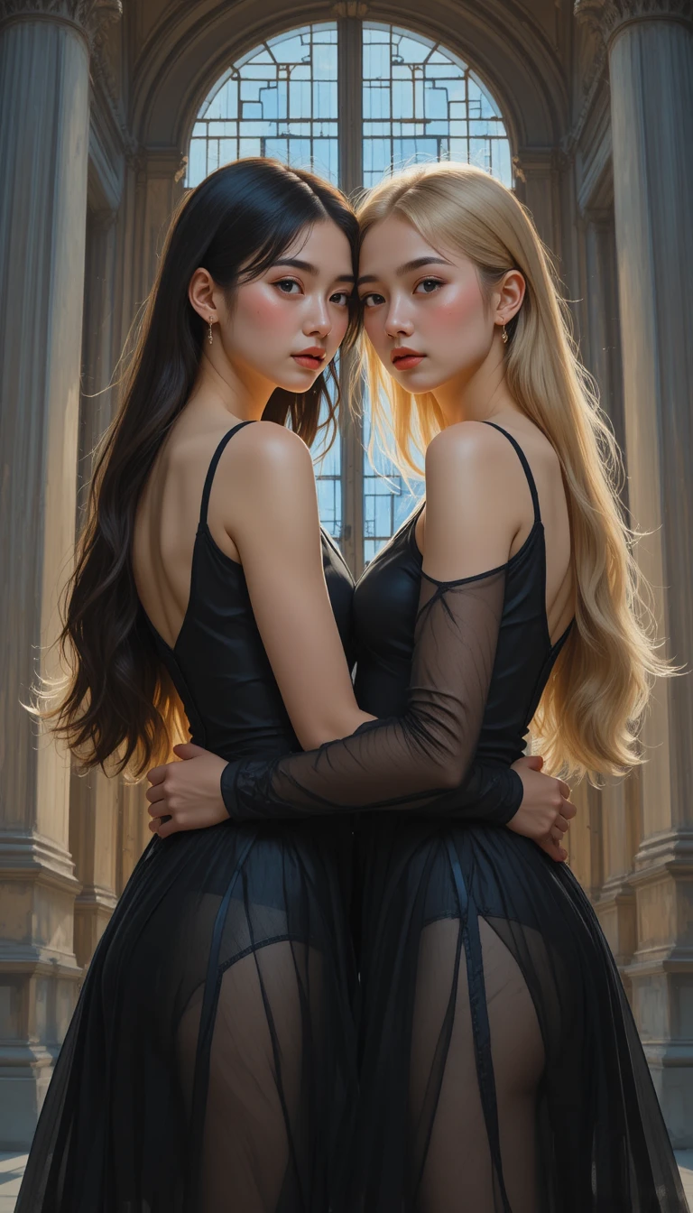 Two young asian women sharing a tender intimate kiss