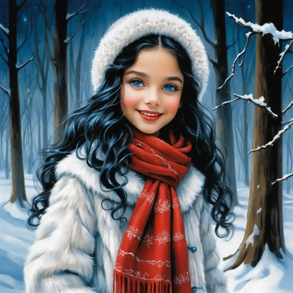 Lächelndes Wintermädchen mit blauen Augen und weißem Fellmantel