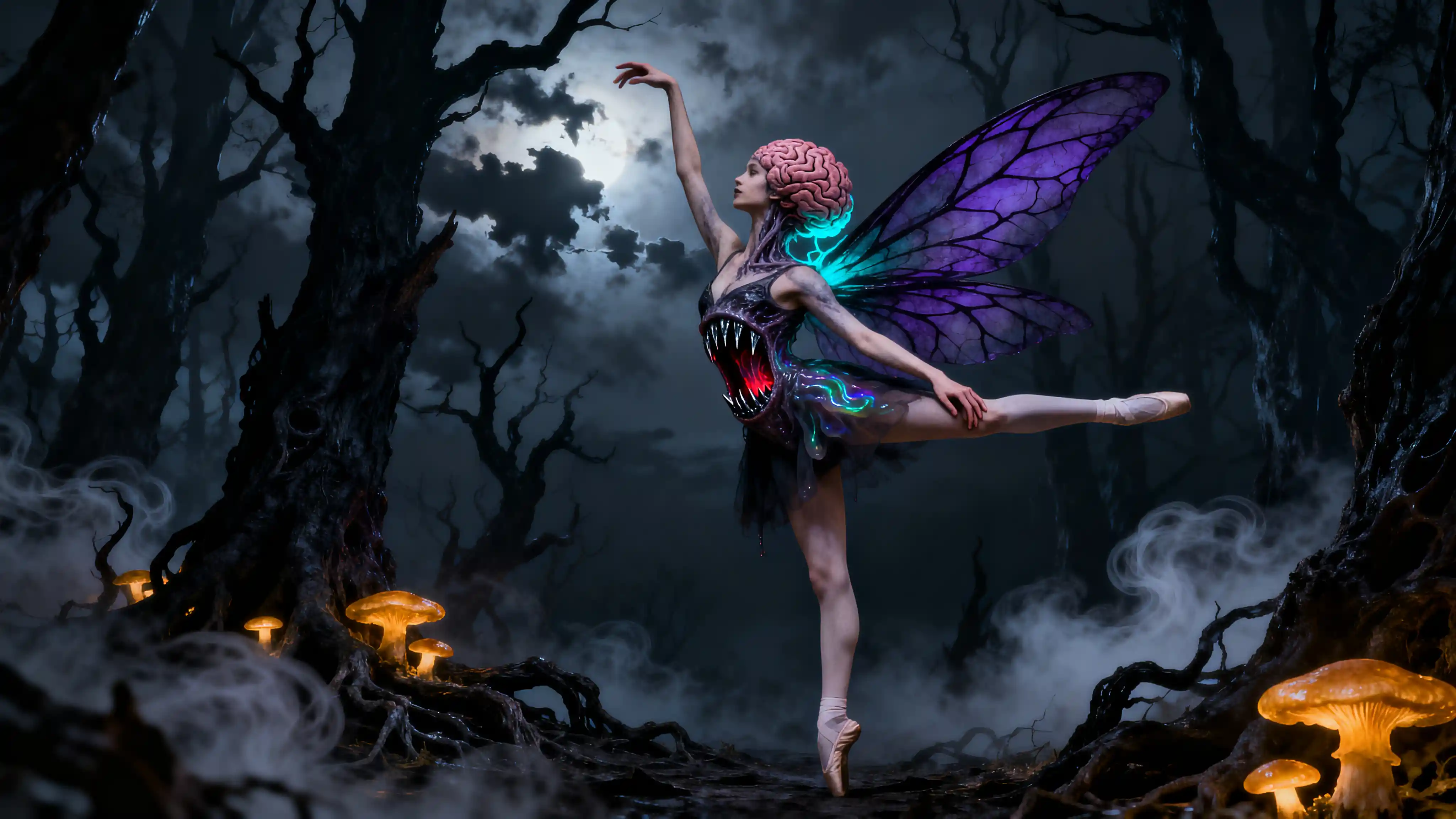 Surreal fae dancer with monstrous stomach mouth