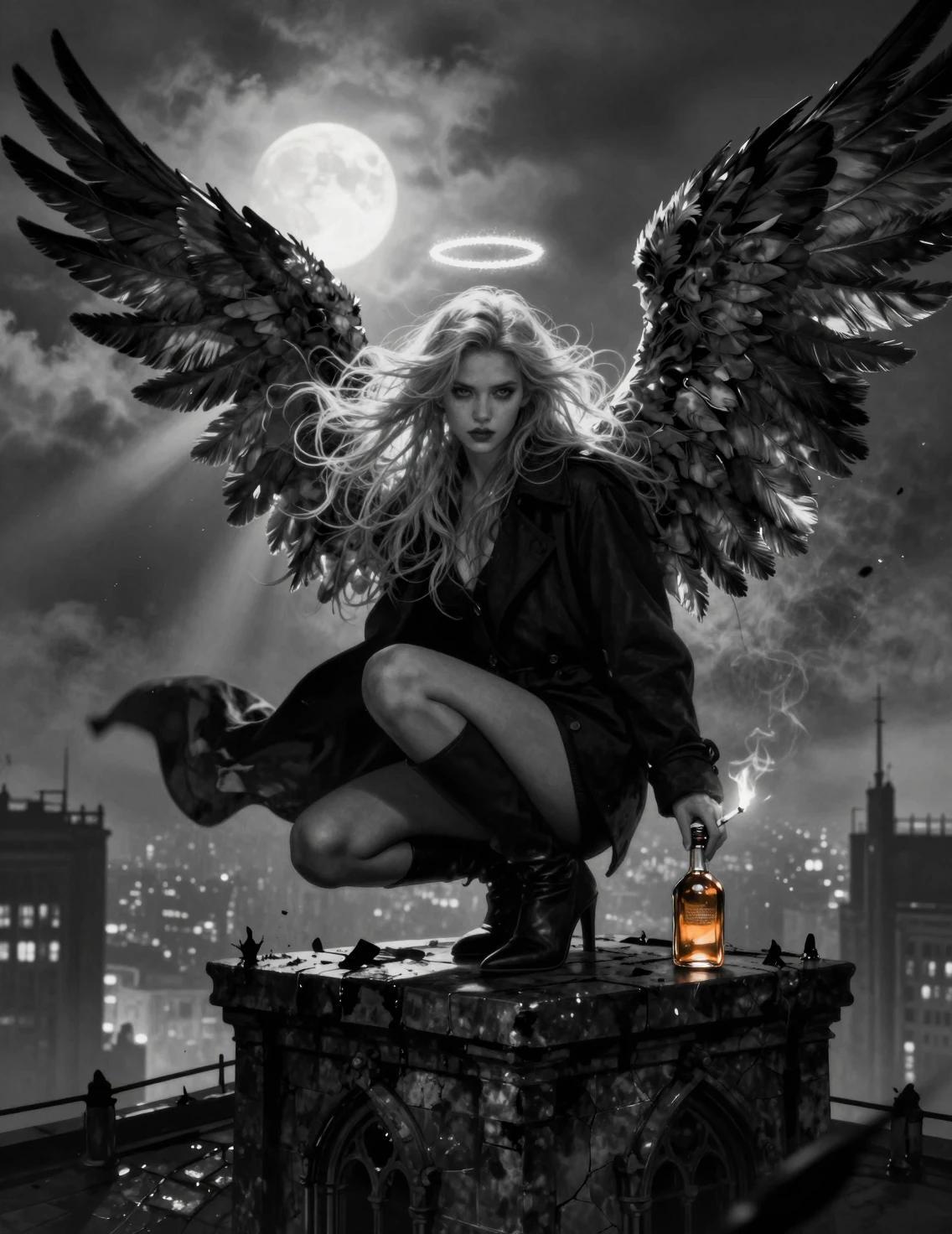 Smoking angelic woman on a rainy city rooftop at night