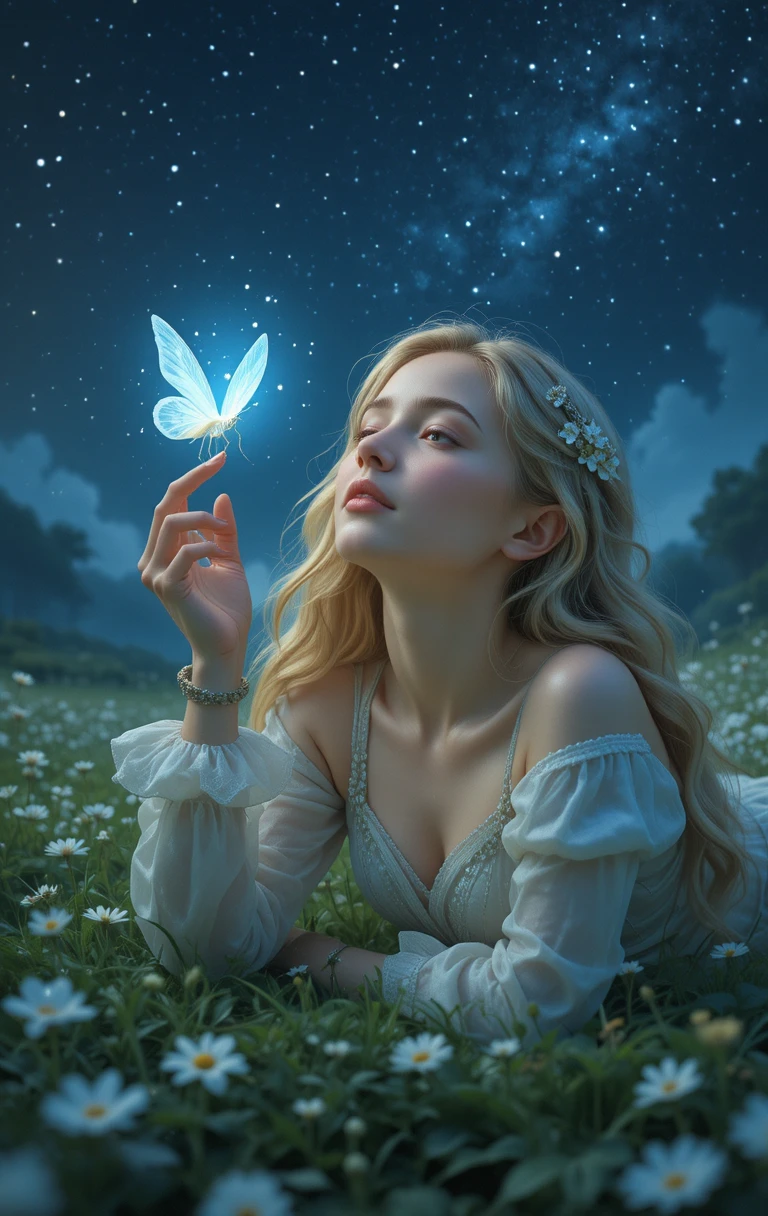 Blonde girl resting in meadow under glowing night sky