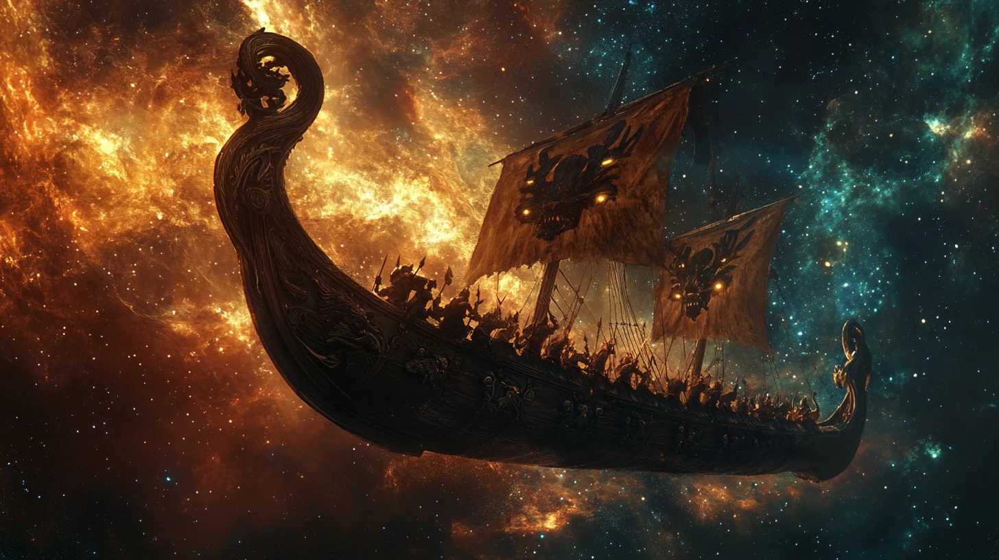 Viking longship sailing through a glowing cosmic nebula