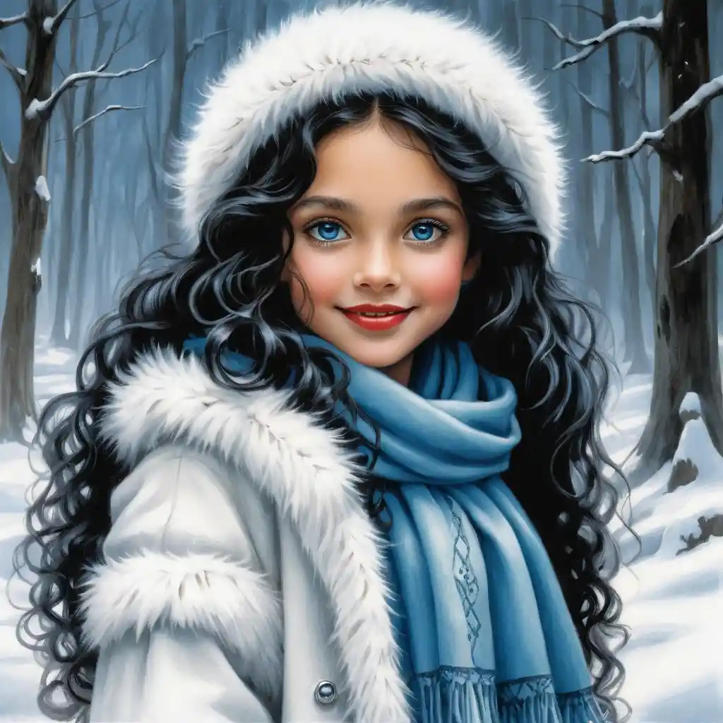 Smiling winter girl in white fur coat and scarf