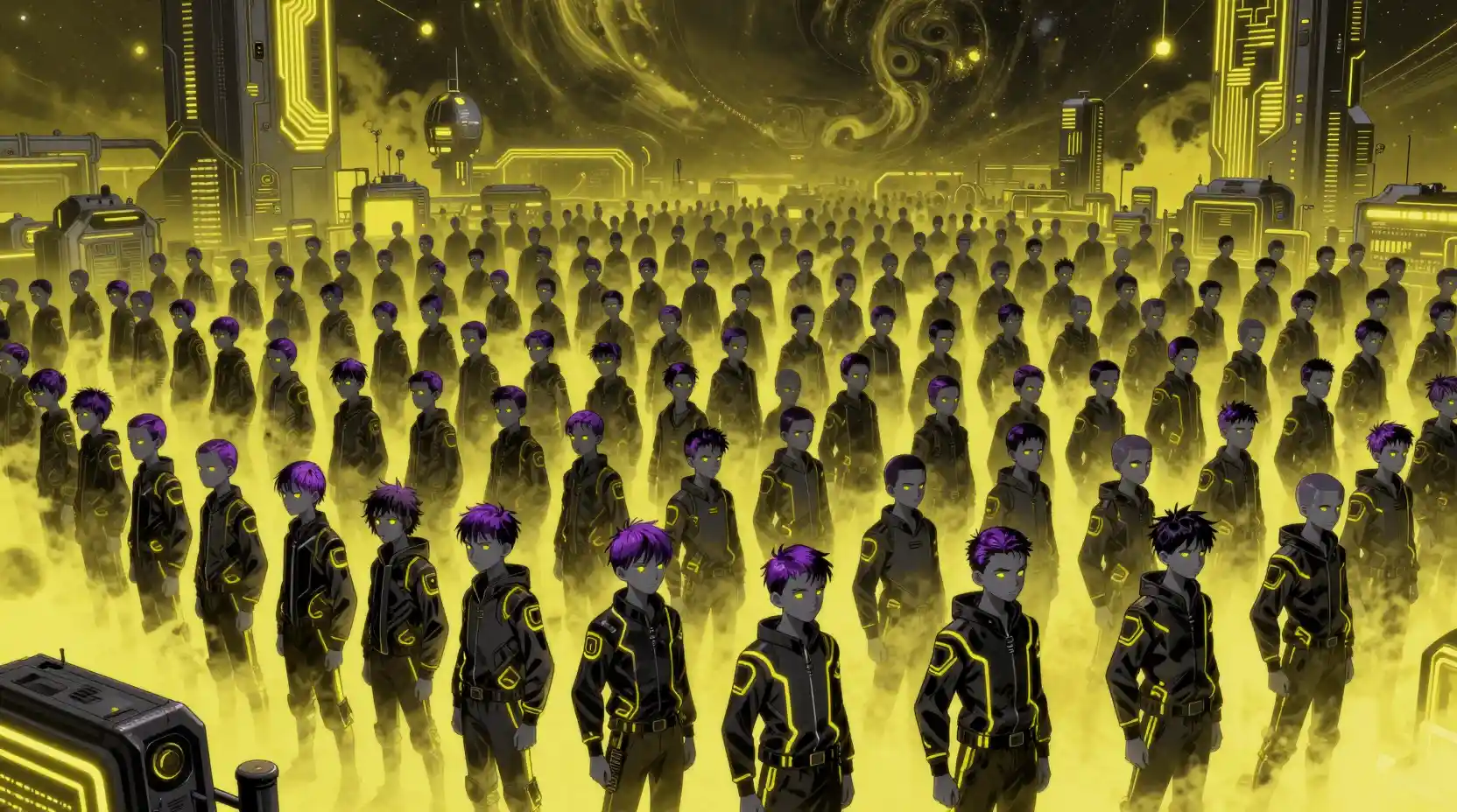 Riesige Menge futuristischer Teenager-Jungen unter neongelbem Himmel