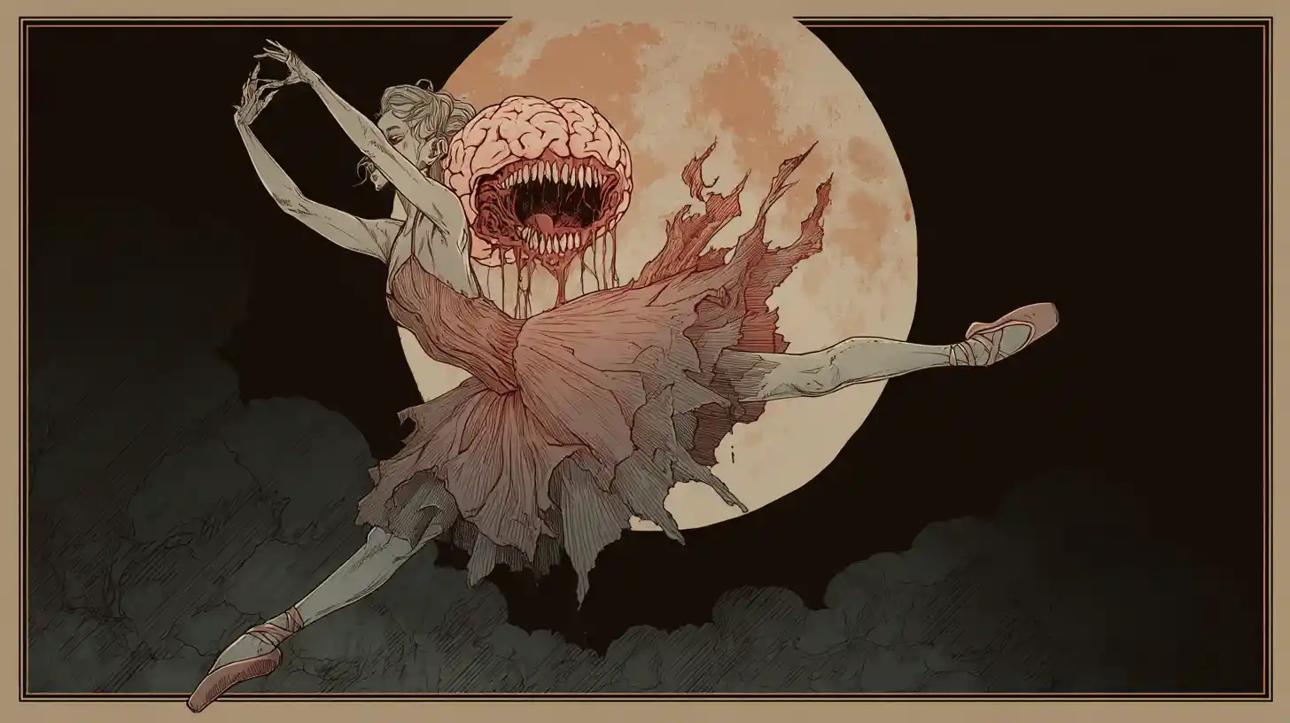 Fae ballerina with monstrous torso in dark fantasy scene