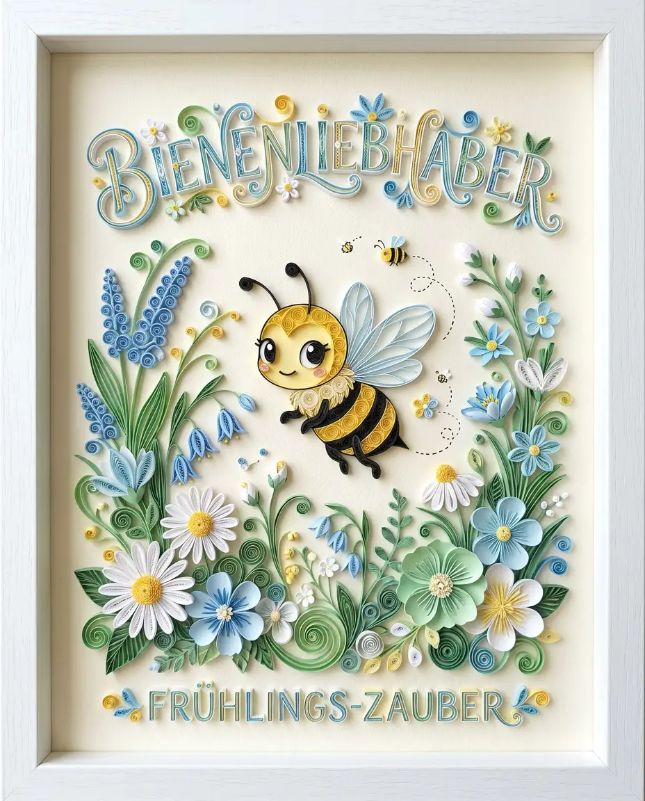 Silhouette di ape in quilling di carta in un giardino di fiori pastello