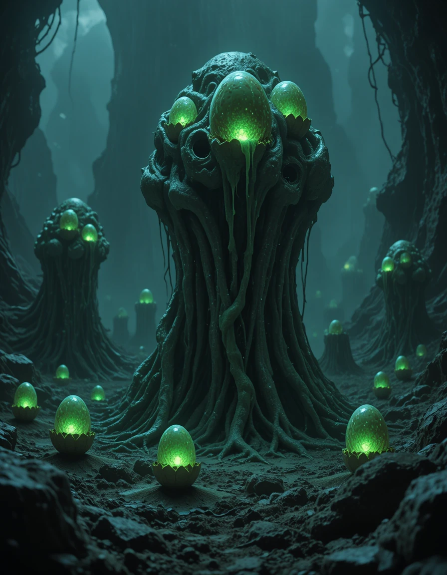 Alien cocoon clusters glowing on a dark hostile world