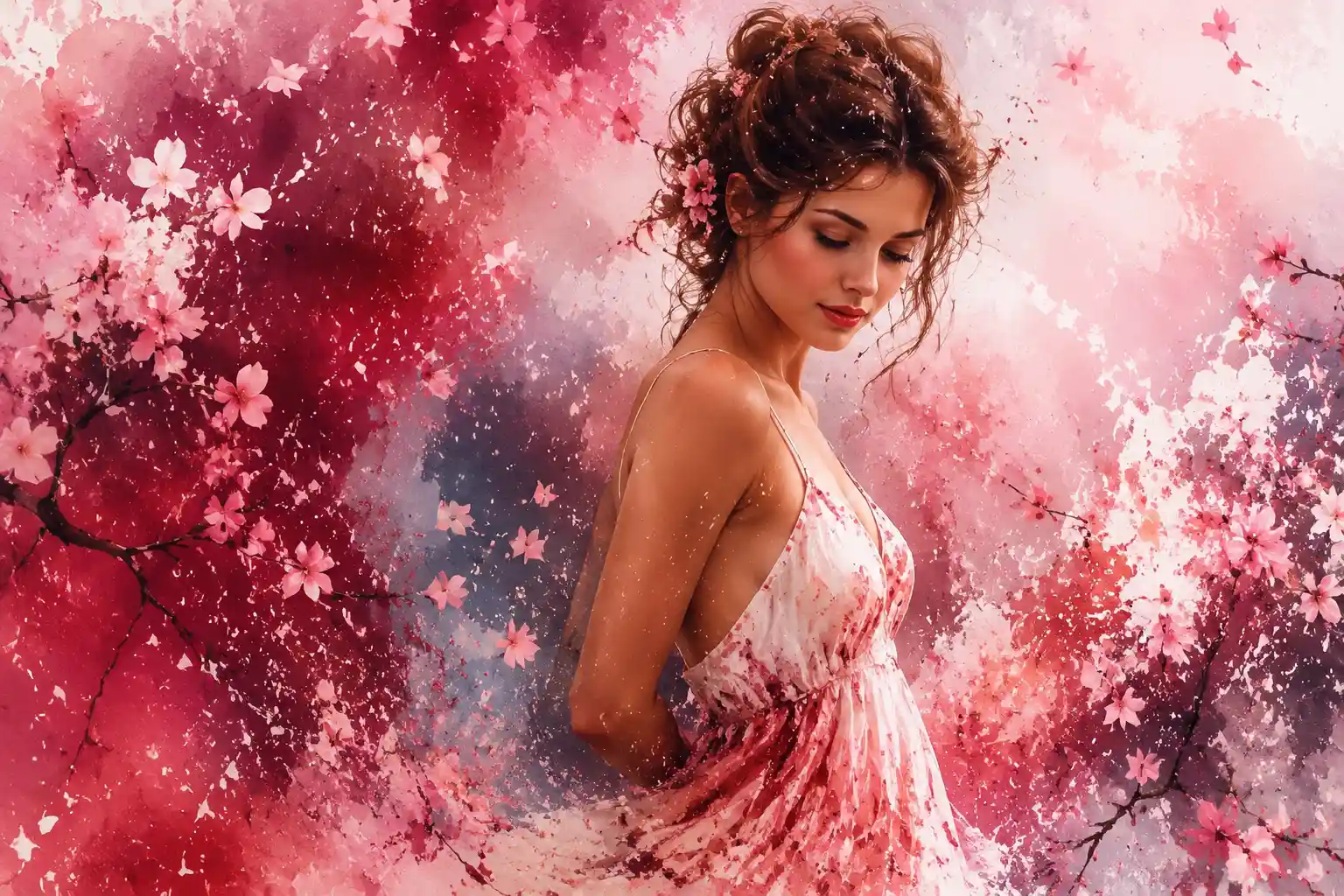 Junge Frau inmitten wirbelnder Kirschblüten-Aquarellblätter