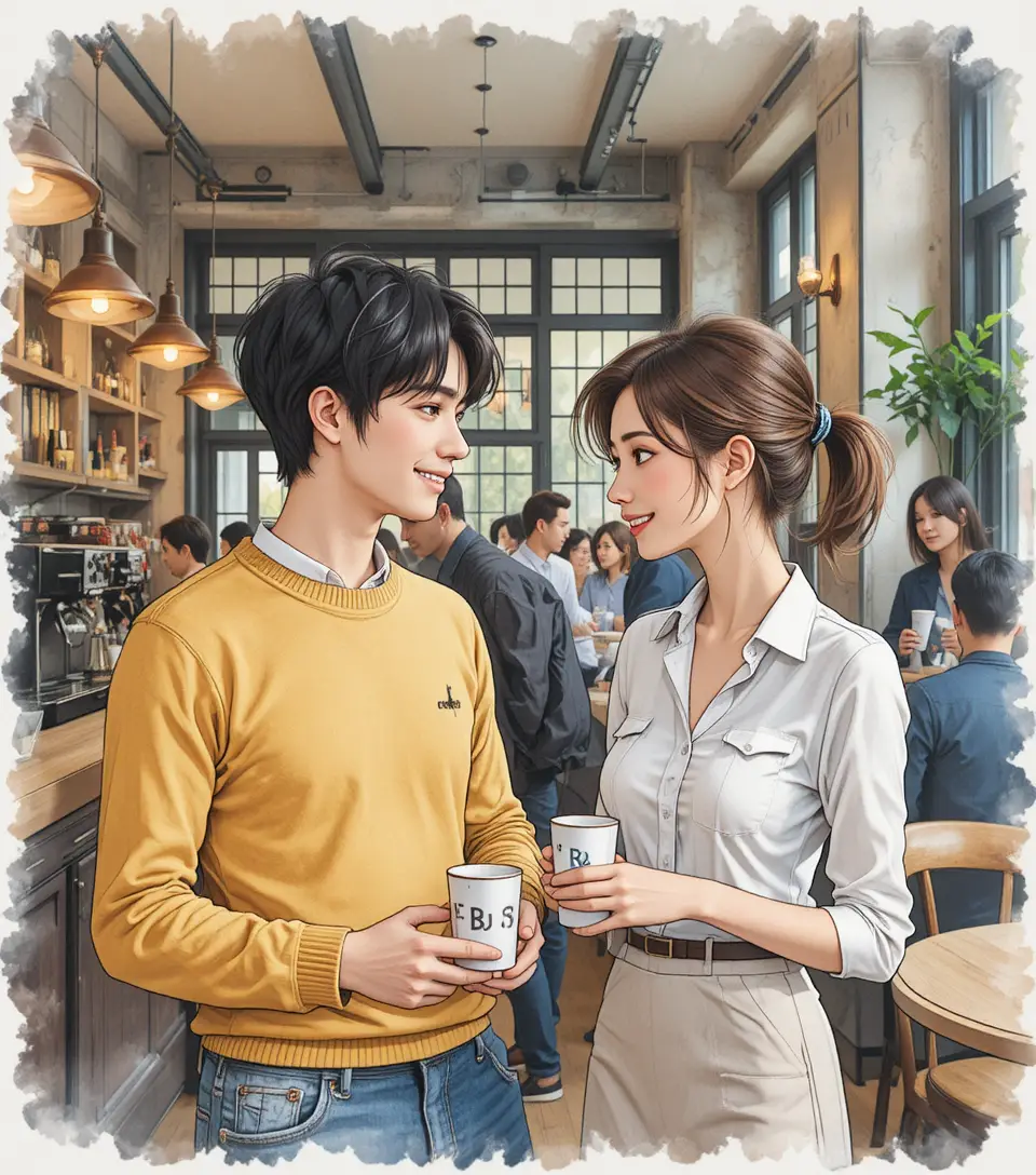현대적인 실내 커피 바에서 대화하는 젊은 커플