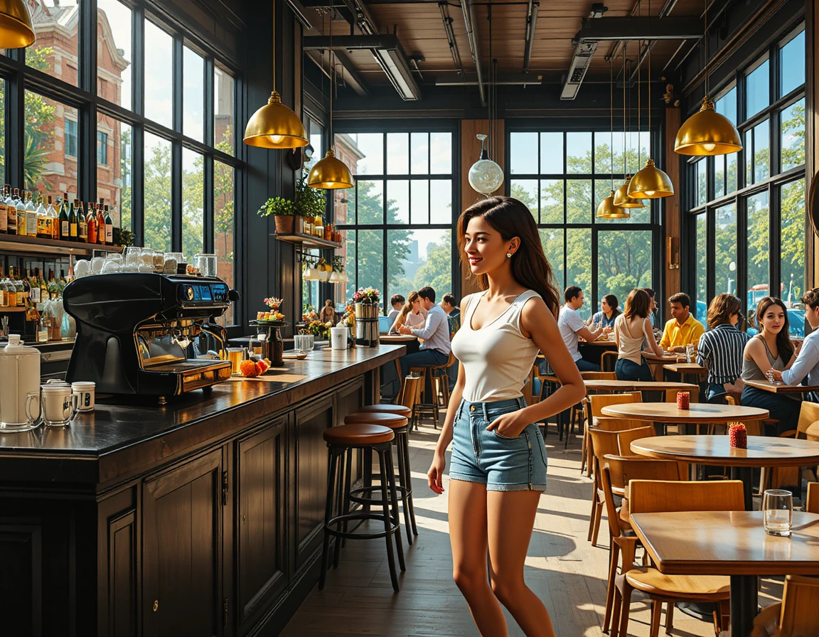 Young friends talking at a bright modern coffee bar