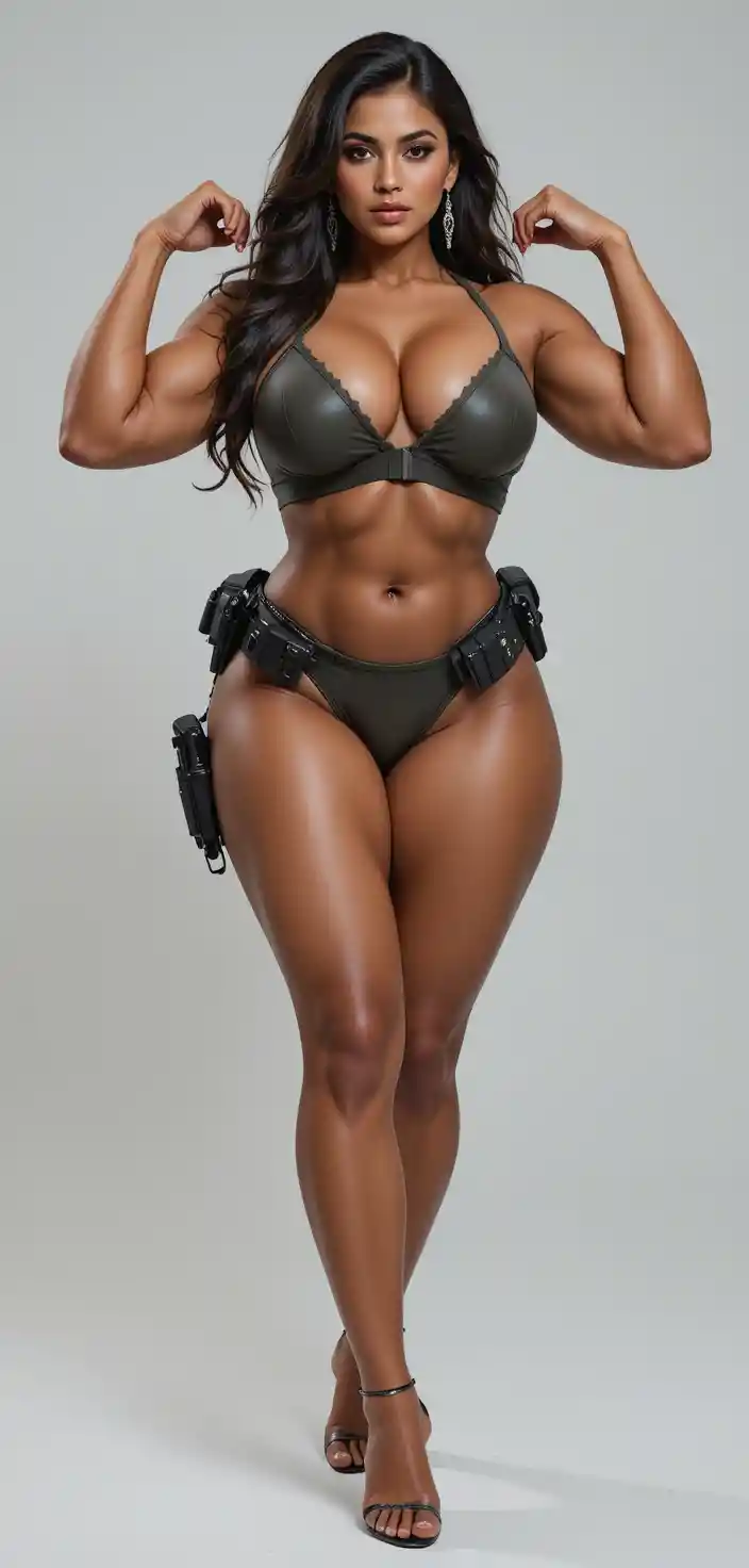 Muscular curvy woman cop in revealing police uniform