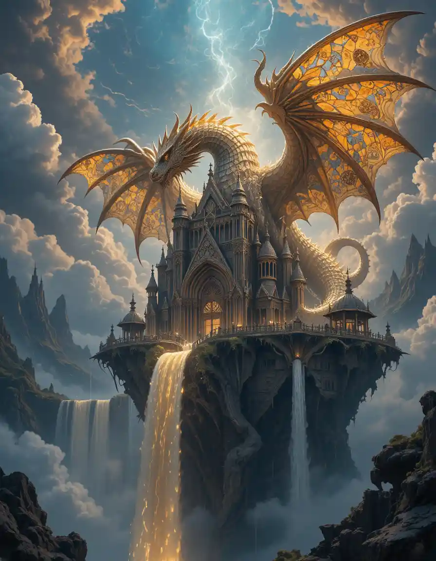Celestial dragon guarding a floating gothic cathedral above waterfalls