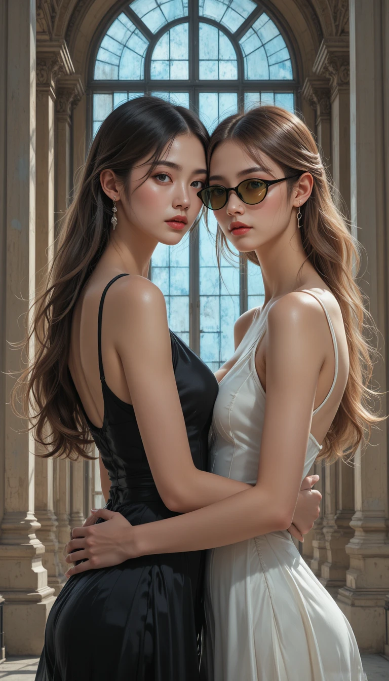 Two young asian women kissing in soft intimate close up